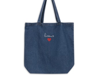 The Bisous Embroidered Denim Organic Tote Bag Paris Fashion French Style