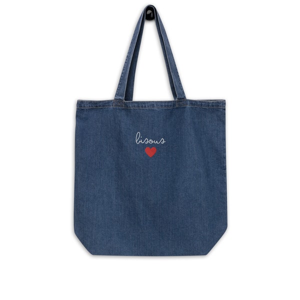 The Bisous Embroidered Denim Organic Tote Bag Paris Fashion French Style Purse Computer Bag French Gift for Paris Lover