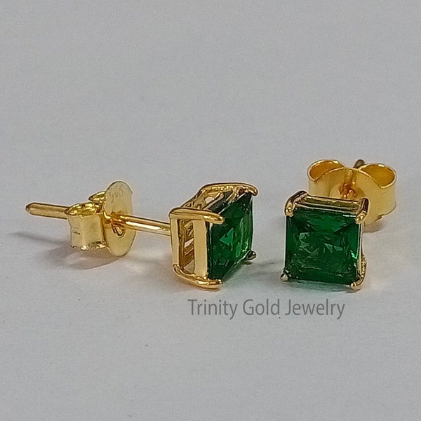 1.0Ct Green Princess Cut Emerald Stud Earrings Screw back In sterling Silver With 14kt Yellow Gold Plated, Man women Emerald Stud Earrings