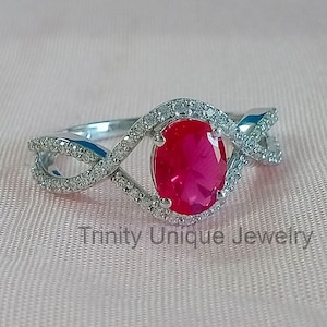 Oval Ruby Ring: 925 Sterling Silver, CZ Diamond Promise Ring