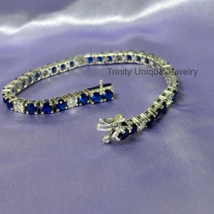 Blue Sapphire Tennis Bracelet: Moissanite Diamond, Sterling Silver