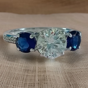 Three Stone Engagement Ring, 1 Ct Round Cut Diamond & Blue Sapphire Ring, Round Three Stone Ring, Wedding Anniversary Ring, Three Stone Ring