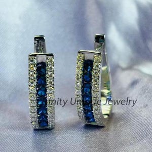 Sapphire Huggie Hoops, Sapphire Earrings, Diamond Hoop Earrings, Blue Sapphire Huggies, Handmade Earrings for Women, Minimalist Earring Gift