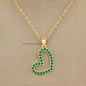 Emerald Heart Necklace: 14K Gold Plated Sterling Silver Cable Chain