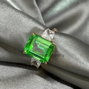 3CT Emerald Diamond Three Stone Ring, Green Emerald Sterling Silver Ring, Handmade Jewelry, 18kt Gold Over, Engagement Promise Ring for Her