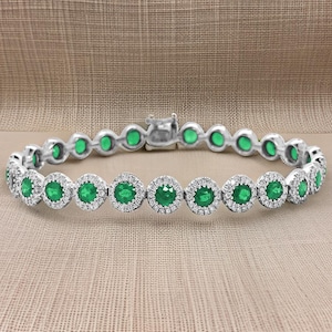 Emerald Halo Tennis Bracelet: Sterling Silver Green Gemstone