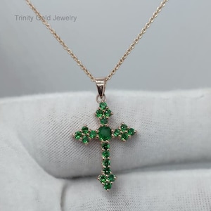 Emerald Cross Pendant Necklace: 925 Sterling Silver Birthstone