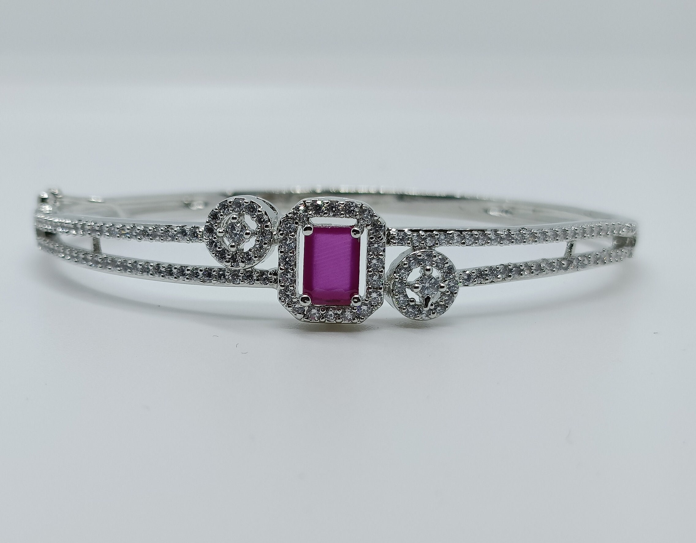 Sterling Silver Ruby Bangle Bracelet with CZ Diamonds