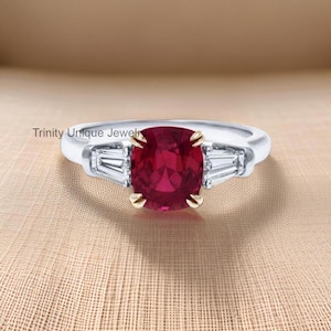 Cushion Cut Ruby Engagement Ring: Art Deco Three Stone, 18kt Gold Over Sterling Silver