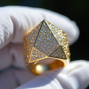 Pyramid Moissanite Ring: Iced Out Gold Finish, Sterling Silver Band