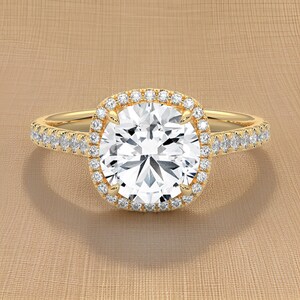 Lab Grown 3 Ct Round Diamond Engagement Ring: 14kt Yellow Gold Halo