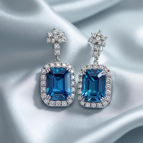 Blue Topaz Drop Earrings: Sterling Silver, CZ Halo, Bridal Jewelry