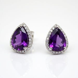 Amethyst and Diamonds Pear Shape Halo Stud Earrings in Sterling Silver, Perfect Gift for Birthday - Valentine&#39;s - Anniversary