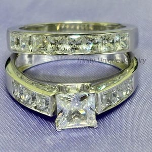 Princess Cut Engagement Ring Set, Sterling Silver Diamond Ring Set, Channel Set Ring, Wedding Band & Engagement Ring Set, Gift for Fiancee
