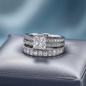 Princess Cut Moissanite Wedding Ring Set: Sterling Silver Bridal Tri-Set