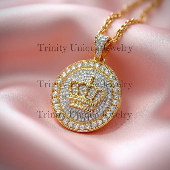 Sterling Silver Crown Medallion Necklace: Moissanite or CZ, Custom