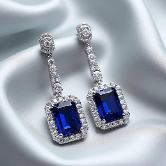 Sapphire Dangle Earrings in 925 Sterling Silver, Emerald Cut Blue