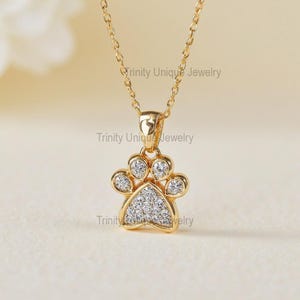 Gold Paw Print Pendant Necklace: Moissanite Pet Lover Charm