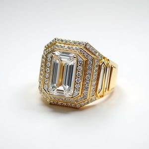 Moissanite Diamonds Men’s Iced Out Ring with Emerald-Cut Clear Stone, Big Gold Hip Hop Bling Ring, Statement Jewelry Gift for Him