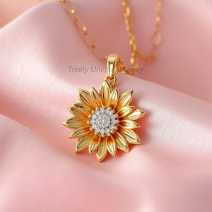 Antique Gold Sunflower Necklace, Gold Flower Necklace, Sunflower Charm
