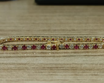 Minimalist Ruby and CZ Diamond Tennis Bracelet, 925 Sterling Silver