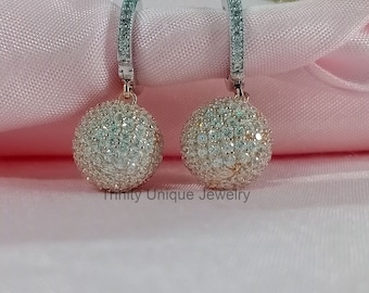 Pave Diamond Ball Earrings, Solid 925 Silver Diamond Earrings, Earlobe Earrings, Gift For Her, Disco Ball Drop Earrings, Mothers Day Gift