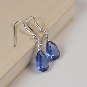 Pear Cut Sapphire Drop Earrings: Sterling Silver Wedding Jewelry