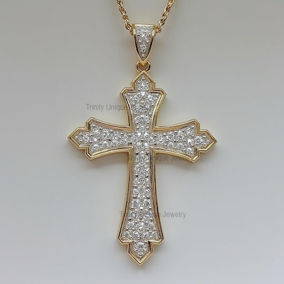 Iced Out Moissanite Cross Pendant: 10K Yellow Gold Plated