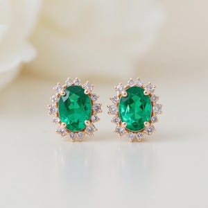 Emerald Stud Earrings • Oval Green Gemstone Earrings for Women • Sterling Silver Halo Earrings • Handmade Birthstone Jewelry • Gift for Her