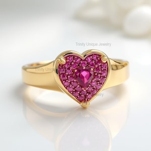 14K Yellow Gold Ruby Heart Ring: Pave Stacking Ring