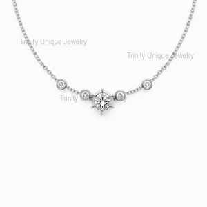Modern Moissanite Round Cut 925 Sterling Silver Bezel Station 14k White Gold Over Necklace