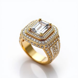 Moissanite Diamonds Men&#39;s Hip Hop Ring, Clear Emerald-Cut Stone in Gold Finish, Rapper Statement Ring, Gift for Him