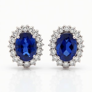 Blue Sapphire Halo Stud Earrings: Sterling Silver CZ September Birthstone