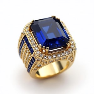 Big Blue Sapphire Hip Hop Ring for Men, Gold Finish, Iced Out Diamond Accents, Statement Bling Ring, Gift for Him