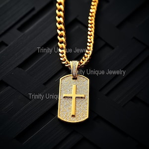 Gold Plated Pendant Cross Dog Tag Pendant Round Cut Moissanite 925 Sterling Silver