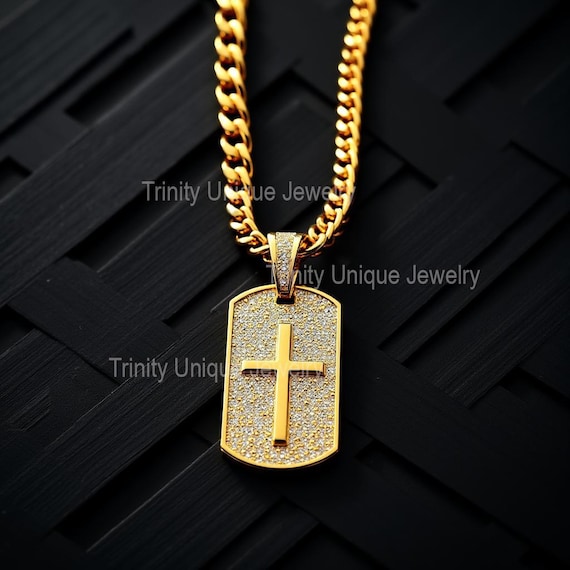 Gold Plated Pendant Cross Dog Tag Pendant Round Cut Moissanite 925