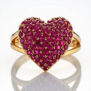 Pave Ruby Heart Cocktail Ring: 14k Gold Plated Silver