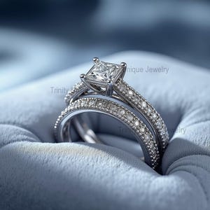 Wedding Band Engagement Ring Princess Cut Moissanite Wedding Set in Sterling Silver