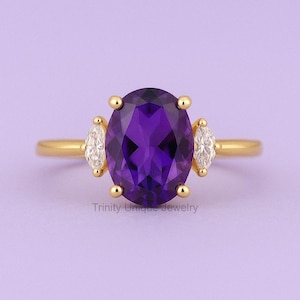 Amethyst Ring / Amethyst Engagement Ring in Sterling Silver / Oval Cut  Amethyst Diamond Ring / February Birthstone / Promise Ring