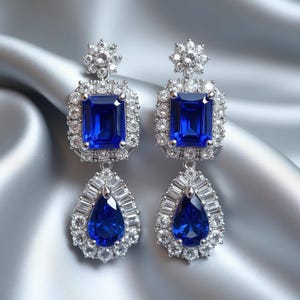 Sapphire Drop Earrings: Sterling Silver Halo, Handmade Bridal Jewelry