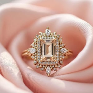 Emerald Cut Morganite Starburst Ring, Marquise Diamond Ring, 14K Gold Bridal Ring, Statement Vintage Art Deco Ring, Anniversary Ring for Mom