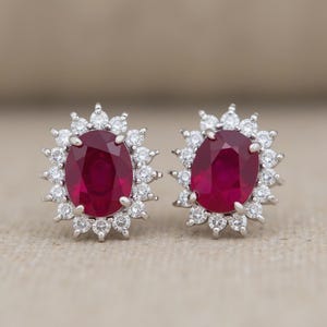 Oval Ruby Stud Earrings: Sterling Silver, Cubic Zirconia Halo
