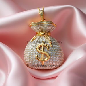 Collana con ciondolo a forma di sacco portasoldi, collana con ciondolo a forma di sacco portasoldi in moissanite, ciondolo a forma di sacco portasoldi in dollari USA, ciondolo in moissanite, gioielli hip hop