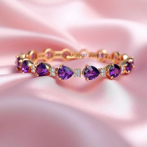Pear-Cut Bracelet, Amethyst & Diamond Bracelet, Wedding Gemstone Bracelet, 14k Yellow Gold Amethyst Tennis Bracelet, Purple Gemstone Jewelry