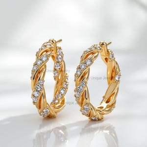 Moissanite Hoop Earrings Round Cut 14K Yellow Gold Over 925 Sterling Silver
