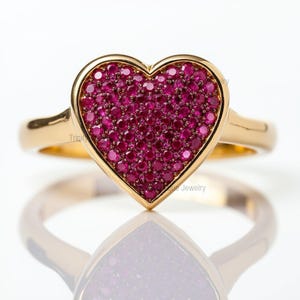 Yellow Gold Plated Sterling Silver Ruby Heart Ring - Pavé Setting