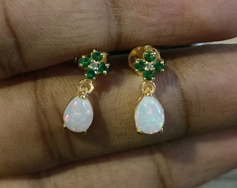 White Opal Emerald Earrings, Sterling Silver Opal Earrings, Dangle Earrings, October Birthstone Jewelry/Bridal Wedding Earrings/Opal Jewelry