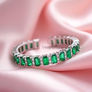 14K Gold Emerald Cut Emerald Bracelet: May Birthstone, CZ Diamonds