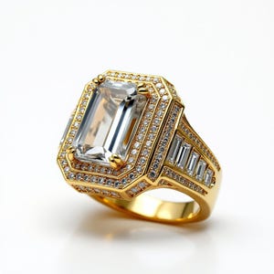 Men’s Iced Out Moissanite Ring, Big Emerald Cut Bling Ring in Gold, Hip Hop Statement Jewelry for Him, Bold Gift Idea