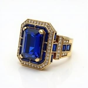 Big Blue Hip Hop Ring for Men, Gold Iced Out Statement Ring, Baguette & Diamond Bling Ring, Gift Jewelry for Him